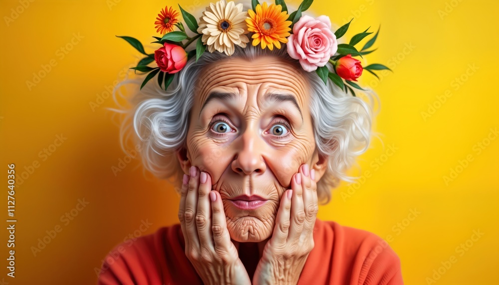 Elderly woman wears flower crown. Surprised expression. Smiling happily. Background vibrant yellow. Portrait style photo. Expressive face, joyful emotion. Stylish senior citizen. Wellness, leisure Elderly woman wears flower crown. Surprised expression. Smiling happily. Background vibrant yellow. Portrait style photo. Expressive face, joyful emotion. Stylish senior citizen. Wellness, leisure