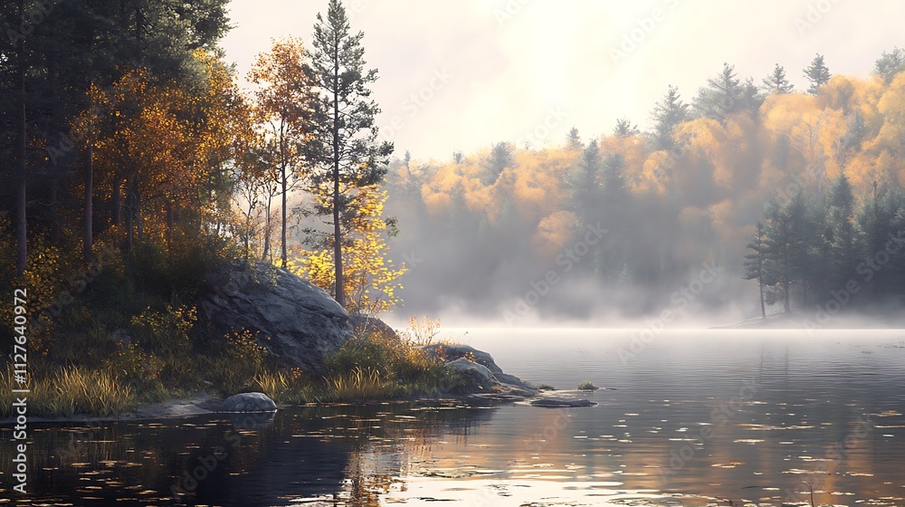 Fototapeta premium A serene lakeside scene with autumn foliage and mist rising from the water.