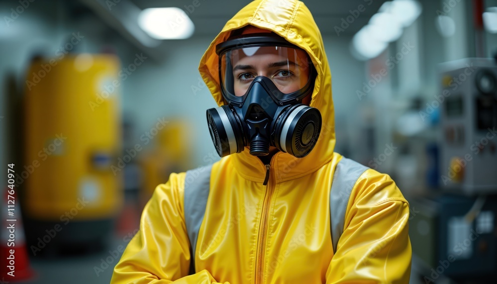 Person wears protective yellow suit, respirator in industrial setting. Safety gear emphasizes hazardous material precautions. Individual stands alert. Industrial environment, safety procedures Person wears protective yellow suit, respirator in industrial setting. Safety gear emphasizes hazardous material precautions. Individual stands alert. Industrial environment, safety procedures