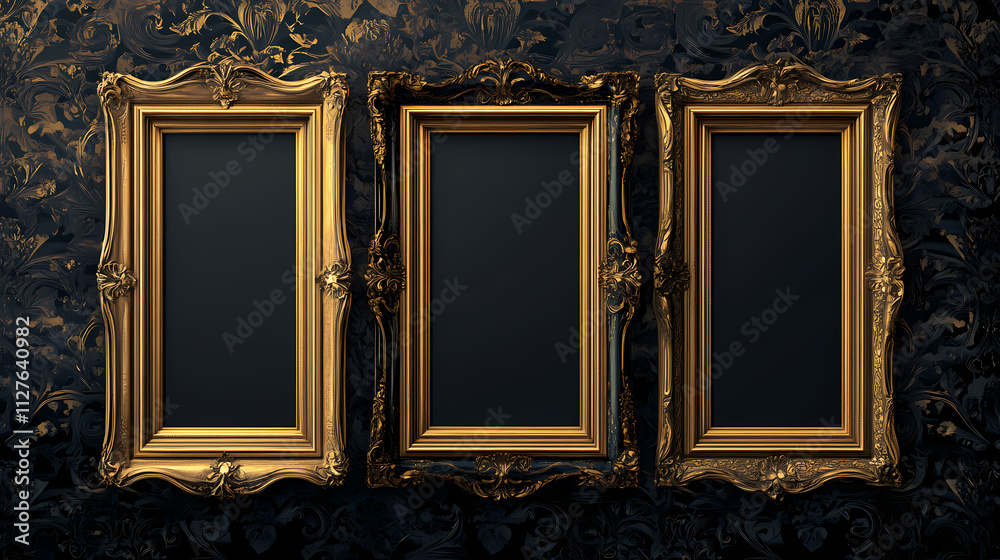 Luxurious triple gilded frames on elegant wall. Gilded. Illustration Luxurious triple gilded frames on elegant wall. Gilded. Illustration