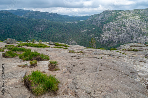 Rock formations on the route to Preikestolen (The Pulpit Rock), a tourist attraction in Rogaland county, Norway