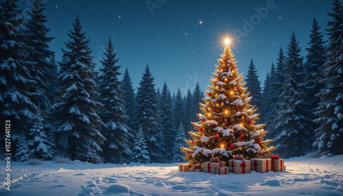 Christmas tree at night with star and gifts in snowy forest