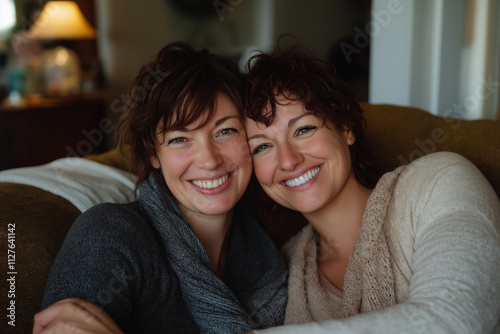 Smiling women sitting together on cozy living room couch