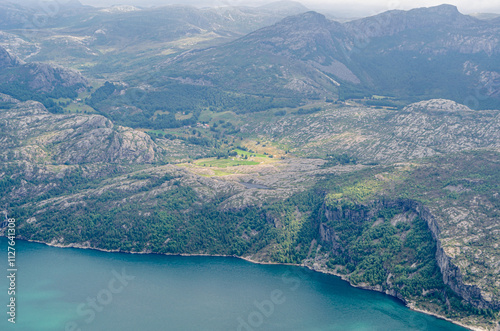 View of the Lysefjorden from Preikestolen (The Pulpit Rock), a tourist attraction in Rogaland county, Norway