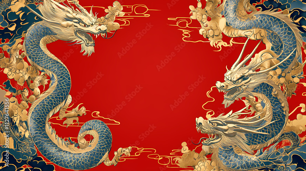 Fototapeta premium Oriental frame with gilded dragons on red lacquer. Gilded. Illustration