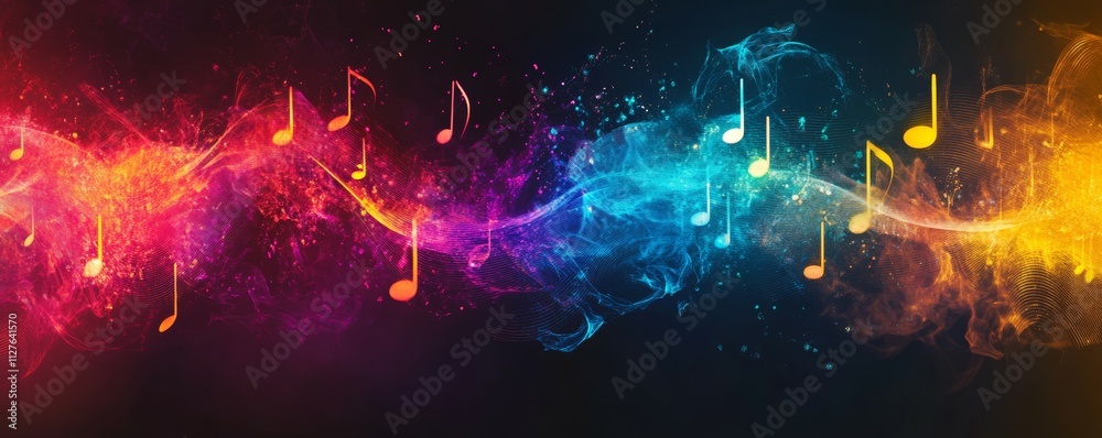 Music notes blending with colorful sound waves, energetic movement, dynamic music energy concept Music notes blending with colorful sound waves, energetic movement, dynamic music energy concept