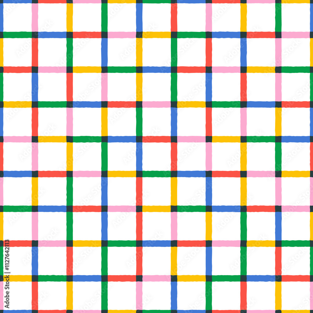 Colorful geometric square grid line seamless pattern. Retro rainbow gingham style background. Abstract tartan fabric texture illustration. Colorful geometric square grid line seamless pattern. Retro rainbow gingham style background. Abstract tartan fabric texture illustration.