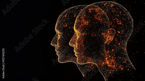 Two fiery, digital human heads in profile, glowing embers.