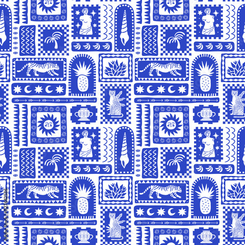 Quadro su tela Retro hand drawn tropical summer seamless pattern