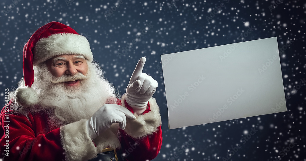 Santa Claus pointing to blank sign with snow falling Santa Claus pointing to blank sign with snow falling