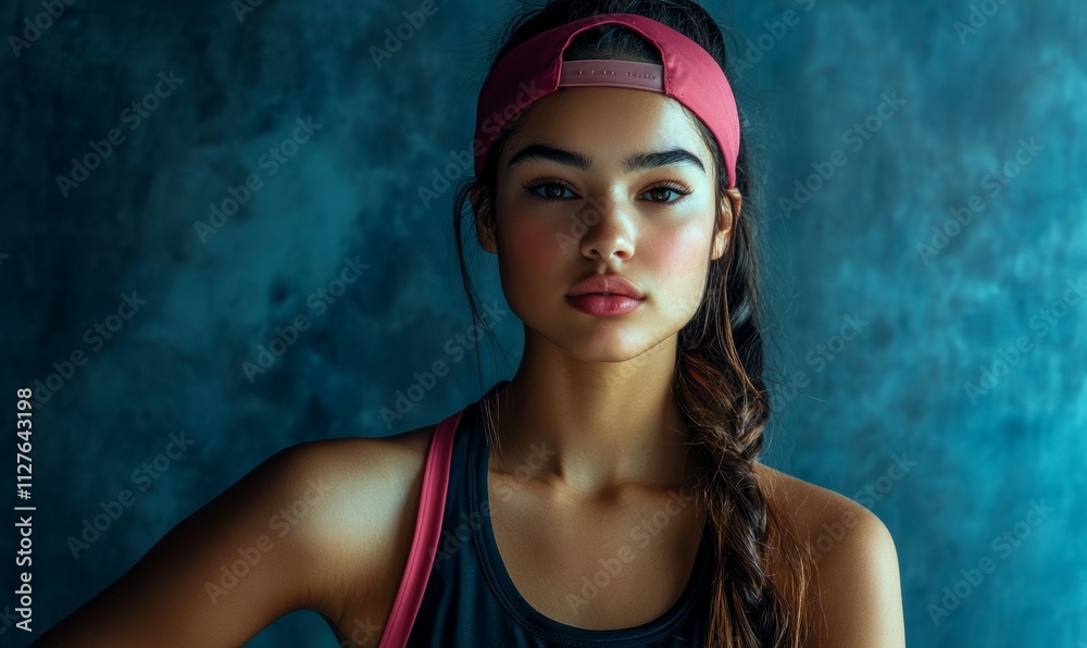 Portrait of a Latina girl in a studio wearing sporty attire. Portrait of a Latina girl in a studio wearing sporty attire.