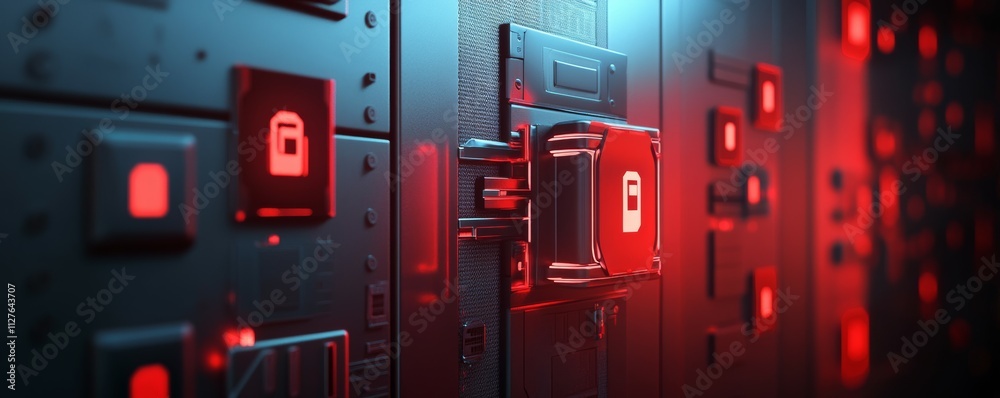 Secure server room, firewalls in action, data protection symbols, Secure server room, firewalls in action, data protection symbols,