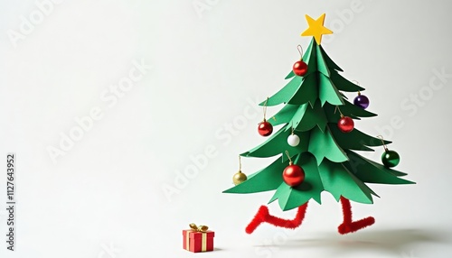 Whimsical Christmas tree runs across white background. Festive evergreen tree with ornaments, star on top red pipe cleaner legs. Tree moving fast toward gift box. Creative holiday concept. Fun design