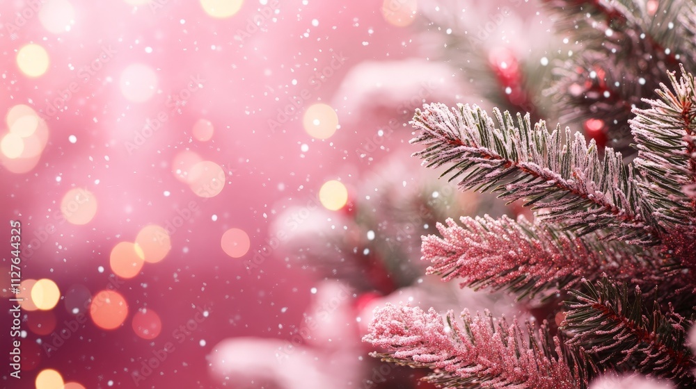 Pink Christmas background with fir branches and stars Pink Christmas background with fir branches and stars