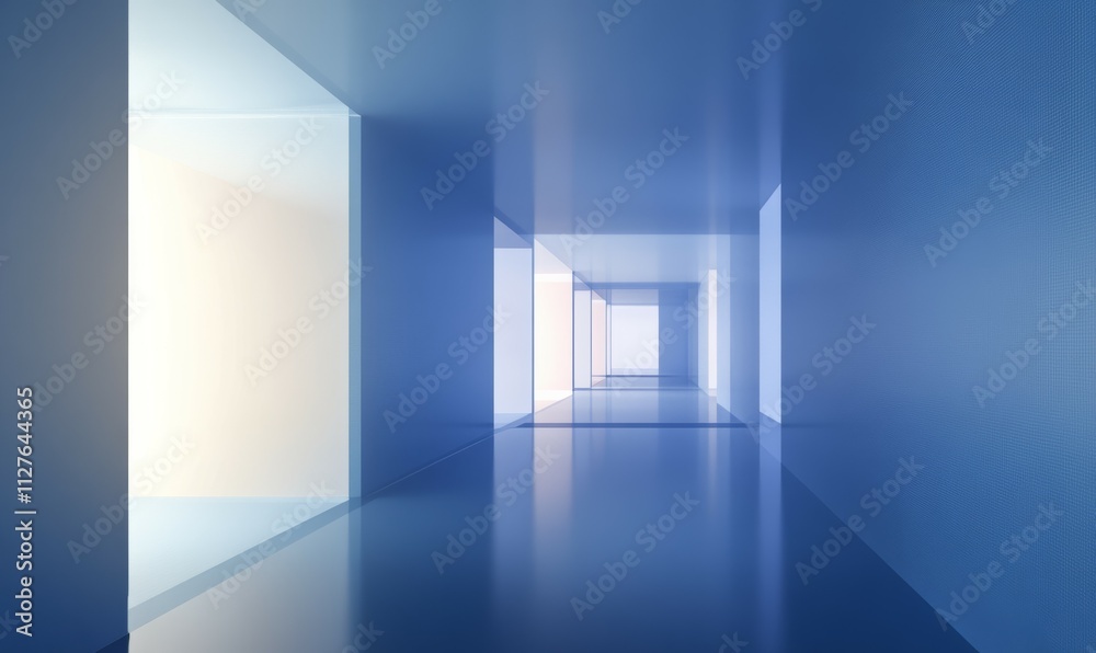 room asymmetrical endless room, dark blue tunnel made of gradient colors, mirror walls, strong rectangle neon lines, primary colors are white, blue, and light blue glowing light, minimalisti room asymmetrical endless room, dark blue tunnel made of gradient colors, mirror walls, strong rectangle neon lines, primary colors are white, blue, and light blue glowing light, minimalisti