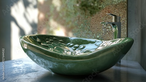 Green Ceramic Sink With Chrome Faucet photo