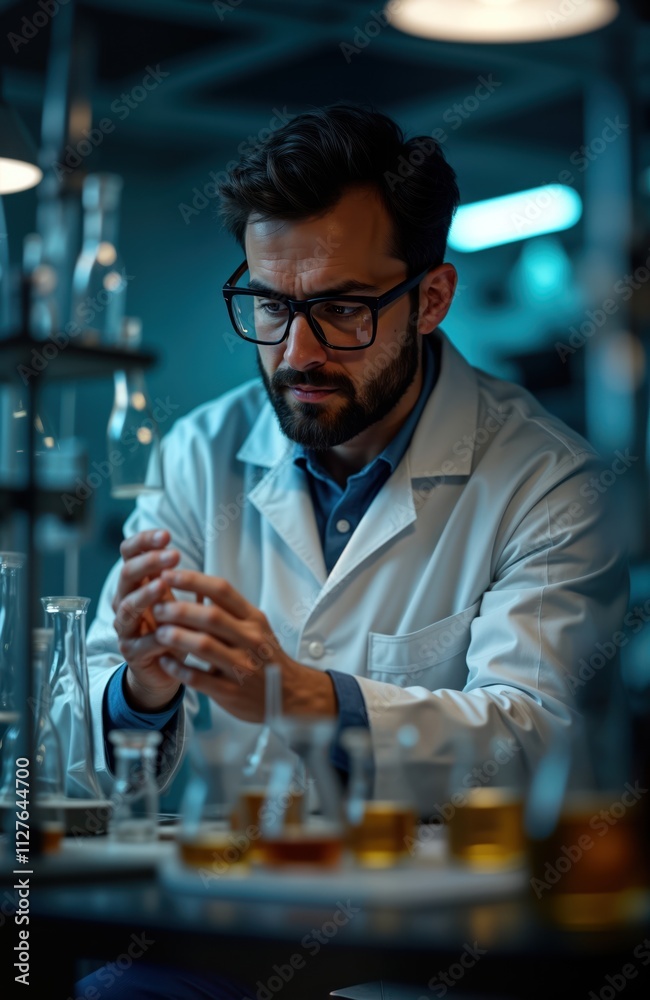 Focused scientist examines substance in lab. Man in lab coat analyzes sample. Modern lab equipment surrounds. Serious research effort. Possible breakthrough in bio tech development. Advanced research Focused scientist examines substance in lab. Man in lab coat analyzes sample. Modern lab equipment surrounds. Serious research effort. Possible breakthrough in bio tech development. Advanced research