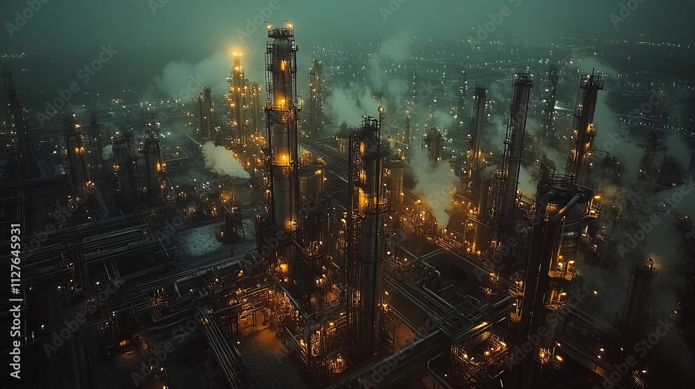 Fototapeta premium Nighttime Aerial View Of Illuminated Refinery Complex