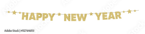Golden bunting garland with Happy New Year text and glittering stars. Festive party decoration. isolated on transparent background. Winter holiday, New Years Eve web banner, overlay. Vector
