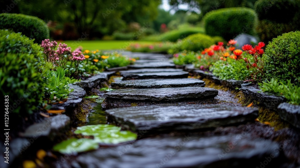 A beautifully designed garden pathway surrounded by colorful flowers creates a serene escape, perfect for nature lovers seeking tranquility and beauty in their surroundings. A beautifully designed garden pathway surrounded by colorful flowers creates a serene escape, perfect for nature lovers seeking tranquility and beauty in their surroundings.