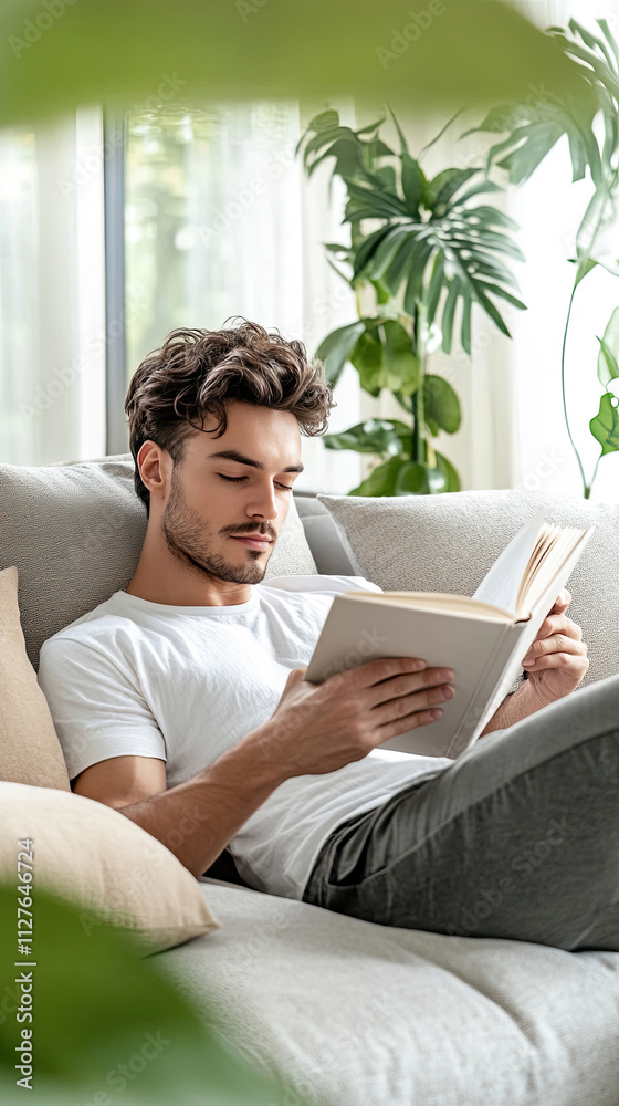 Entspannter junger Mann liest ein Buch auf dem Sofa