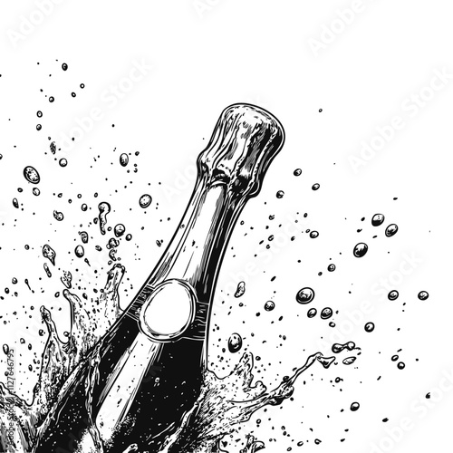 Champagne bottle with exploding drink in a hand drawn illustration style