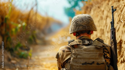 A military figure stealthily holds an SVD sniper rifle, surveying the landscape from a vantage point outdoors. photo