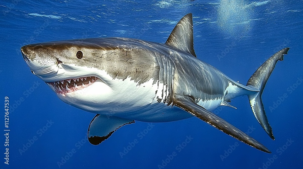 Fototapeta premium Great White Shark Swimming in Ocean Depths