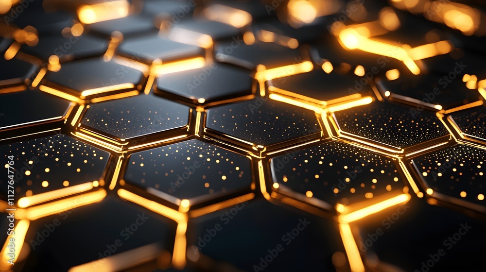 Obraz premium Close-up of metallic hexagons forming a complex web, glowing faintly, suggesting advanced interconnected neural structures. metallic hexagons, interconnected, neural web