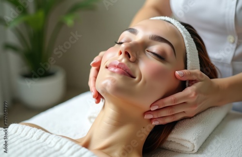 Relaxed woman receiving facial massage. Expert masseuse gently massages face and neck. Relaxed atmosphere in a spa wellness center. Beautiful skin care treatment. photo