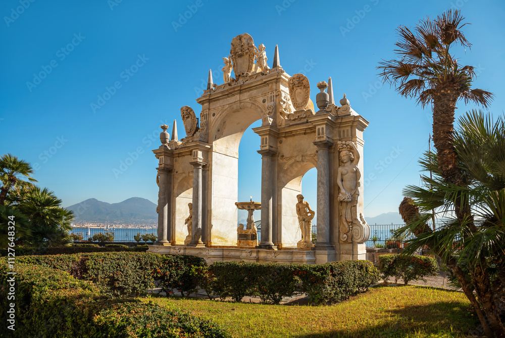 Naples, view of the Fontana del Gigante and Vesuvius