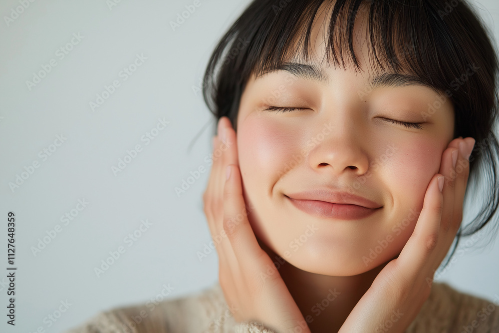 Smiling woman gently touching her glowing cheeks Smiling woman gently touching her glowing cheeks