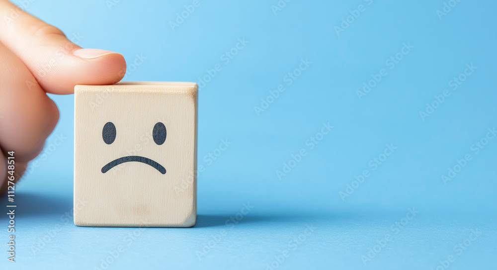 Obraz premium Hand holding a wooden block with a frown face on blue background