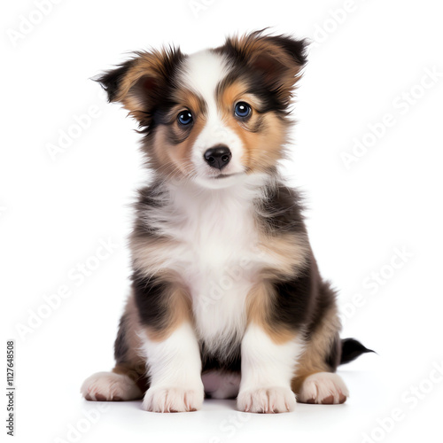 Adorable tricolor puppies sitting against white background