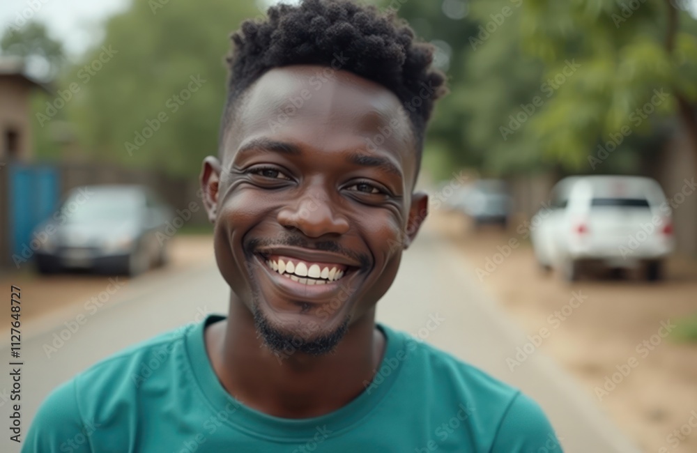 Happy young Zambian man smiles directly at camera. Outdoor setting blurred. Image conveys joy, positivity. Potential uses include cultural representation ads social media posts articles related to Happy young Zambian man smiles directly at camera. Outdoor setting blurred. Image conveys joy, positivity. Potential uses include cultural representation ads social media posts articles related to