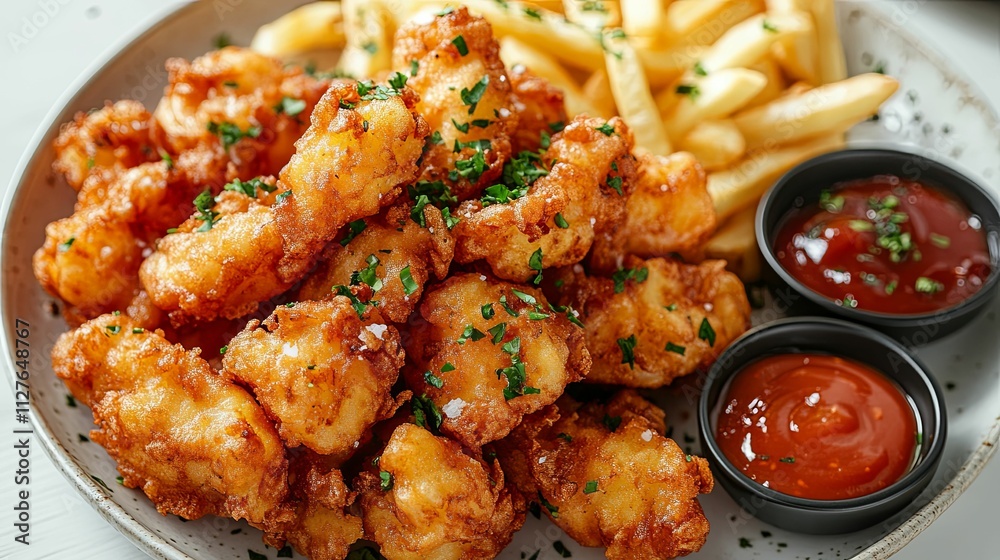 Crispy Fried Fish Bites Served With Fries And Dipping Sauces Crispy Fried Fish Bites Served With Fries And Dipping Sauces