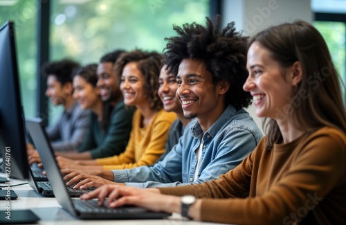 Diverse group of cheerful students colleagues collaborating on projects in modern computer lab office. Teamwork, tech skills shown. Happy people working together. Modern work environment. Focus on