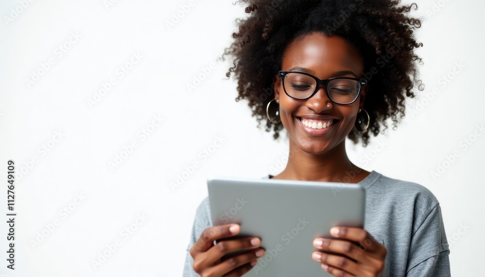 Young black woman smiles happily using tablet. Woman with glasses looks at digital device. Positive emotion. Modern tech. Content creator. Digital media. Education. Business. Professional. Casual Young black woman smiles happily using tablet. Woman with glasses looks at digital device. Positive emotion. Modern tech. Content creator. Digital media. Education. Business. Professional. Casual