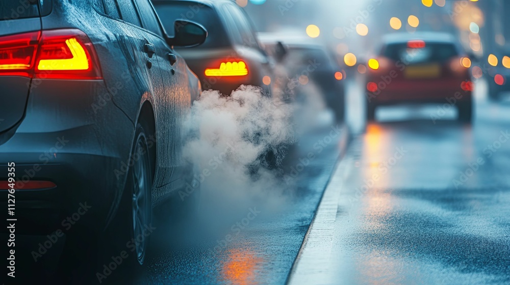 Car Exhaust Fumes On A Rainy City Street Car Exhaust Fumes On A Rainy City Street