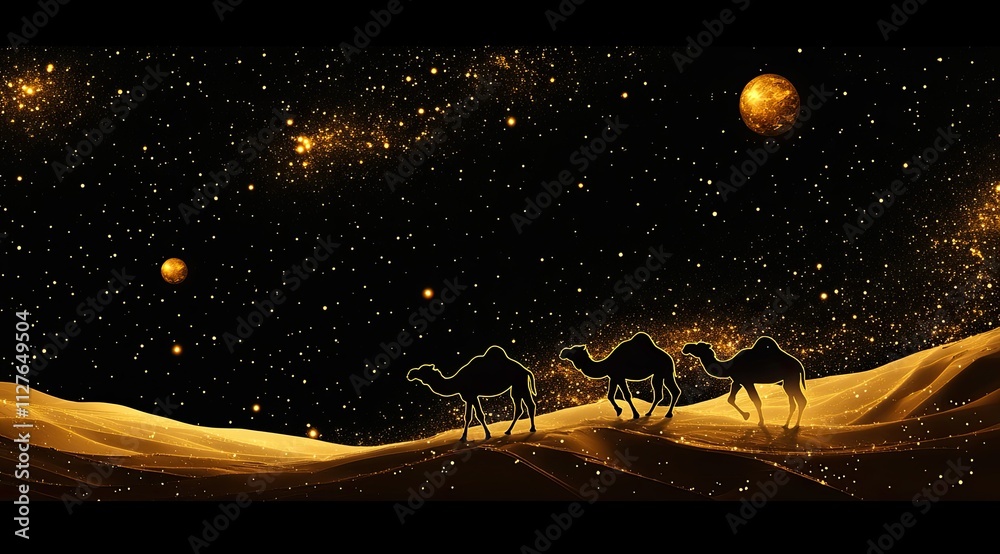 Naklejka premium A digital art piece depicting camels walking across the desert at night, illuminated by stars and planets in golden hues against an endless black sky
