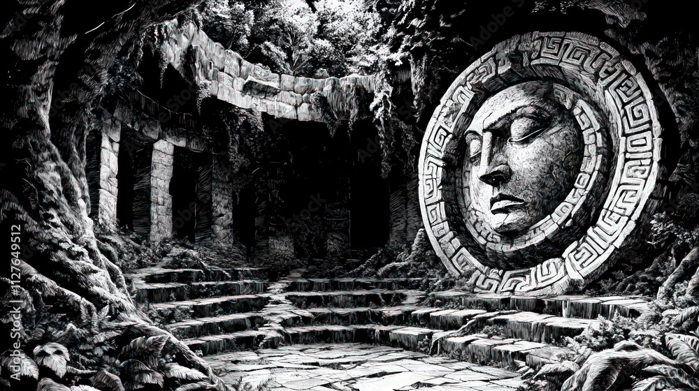 Fototapeta premium Ancient stone face, jungle ruins, overgrown pathway.