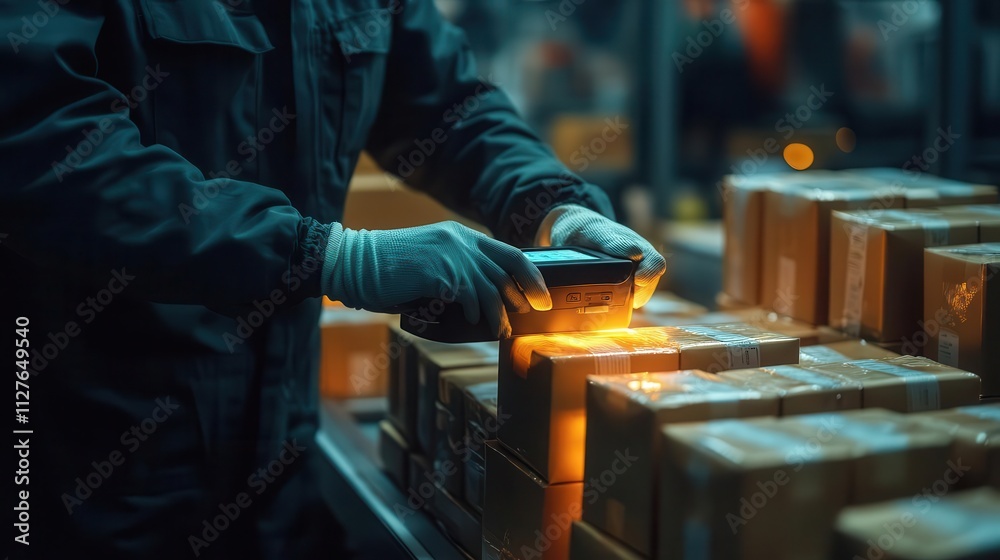 A worker using a glowing handheld label printer, neatly labeled packages aligned in the background, cinematic shadows A worker using a glowing handheld label printer, neatly labeled packages aligned in the background, cinematic shadows