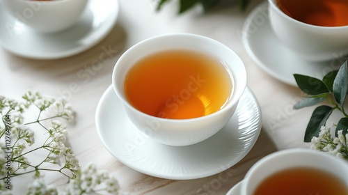 Close-up view of traditional Asian tea ceremony. White cups filled with hot tea. Light, healthy drink. Soft focus on porcelain cups, small white flowers. Calm, peaceful atmosphere. High-quality image