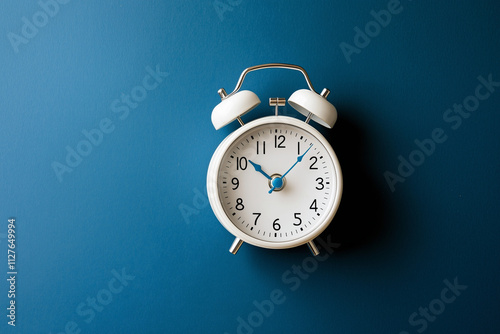 White retro alarm clock on blue background photo