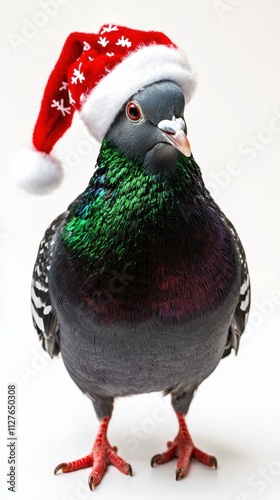 A pigeon wearing a Santa hat. AI.