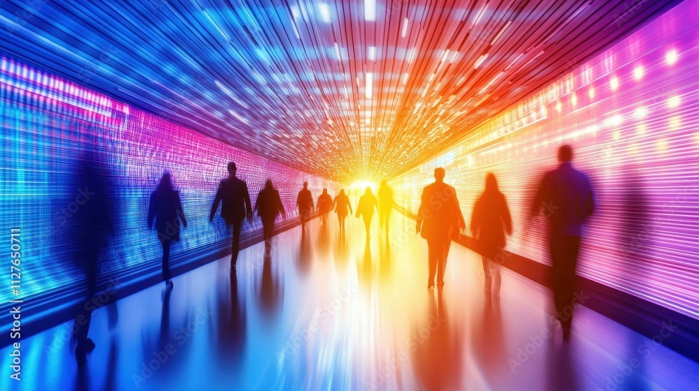 Commuters traverse a bright, lively underground tunnel, capturing the energy of urban life in motion. Commuters traverse a bright, lively underground tunnel, capturing the energy of urban life in motion.