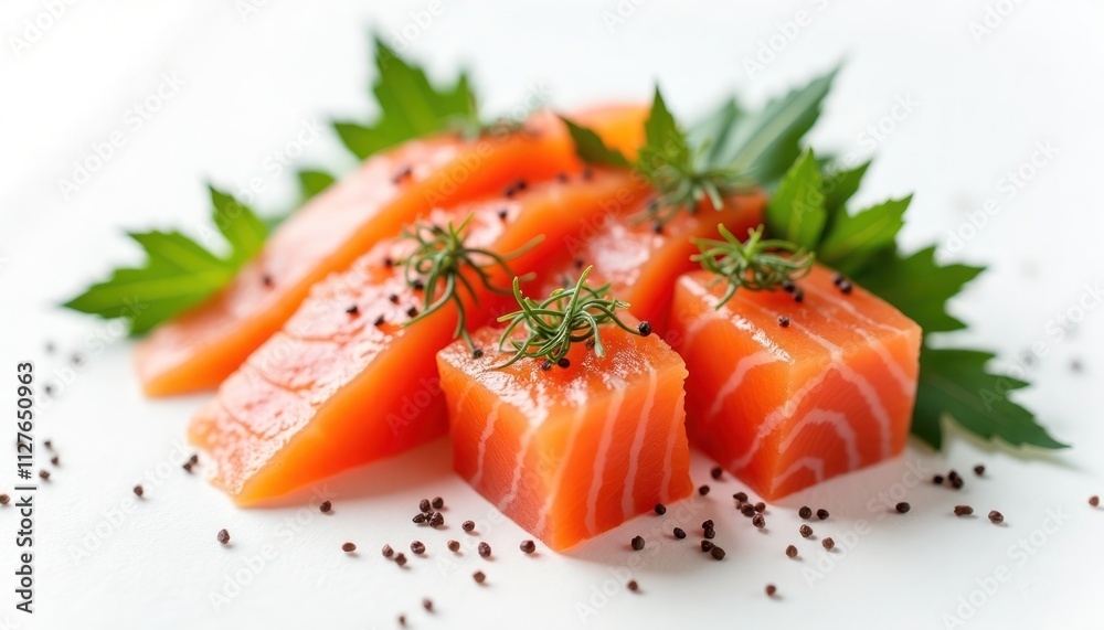Fresh salmon cubes arranged in assortment of sizes on white surface. Garnished with herbs, seasonings. Isolated food display for sashimi menu. Appealing presentation for gourmet restaurant food blog. Fresh salmon cubes arranged in assortment of sizes on white surface. Garnished with herbs, seasonings. Isolated food display for sashimi menu. Appealing presentation for gourmet restaurant food blog.