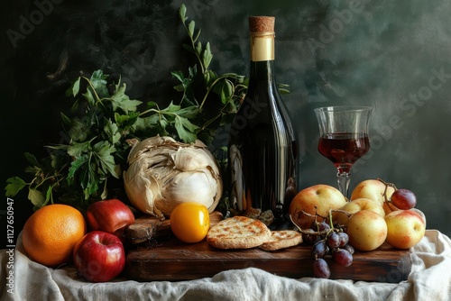 Classical still life with fast food elements, old master lighting, food styling detail, with copy space photo