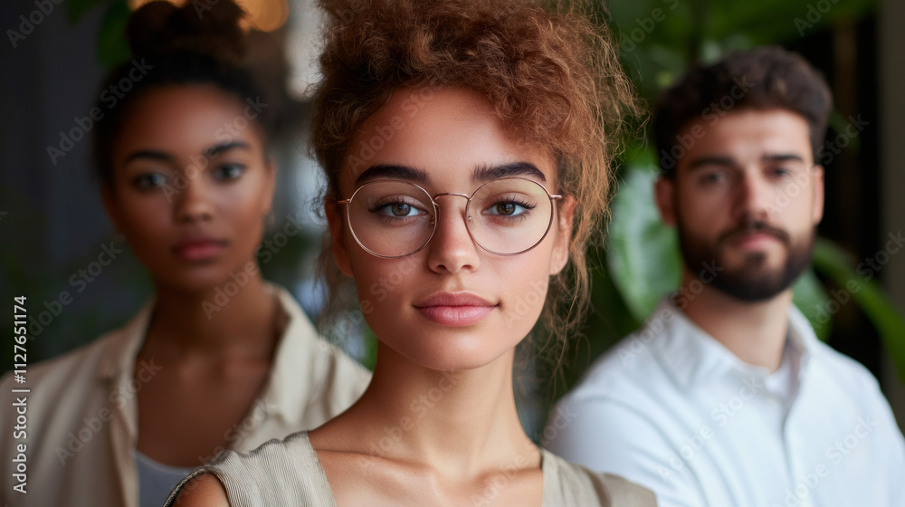 Diverse and inclusive workplace: young female leader with glasses guiding her team in business Diverse and inclusive workplace: young female leader with glasses guiding her team in business