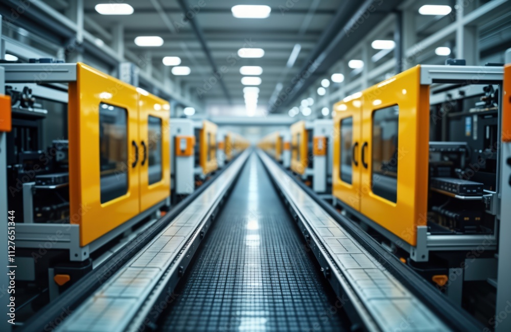 Obraz premium Modern automated plastic injection molding factory. Yellow machines line up along conveyor belts. Automated production process evident. Industrial setting. Manufacturing facility. Modern machinery.